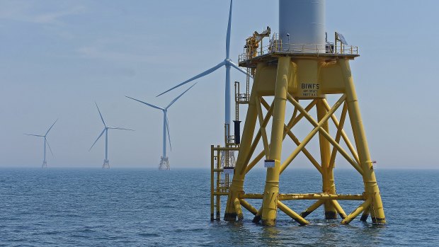 Turbines of the Block Island wind farm, off the coast of Rhode Island, generating electricity. 