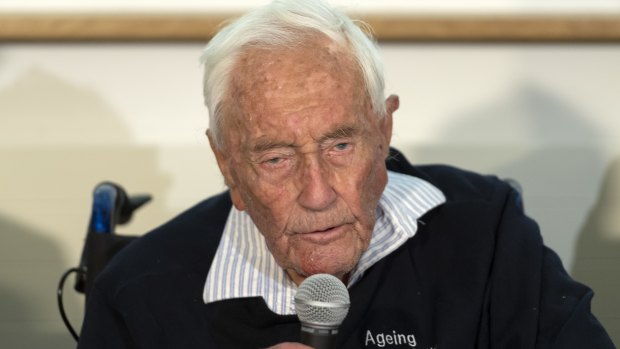 104-year-old Australian scientist David Goodall speaks during a press conference a day before his assisted suicide in Basel, Switzerland.