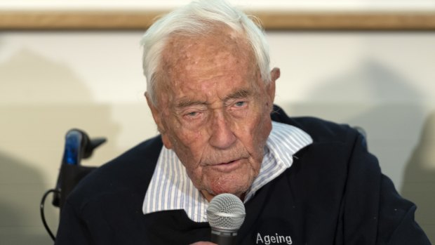 104-year-old Australian scientist David Goodall speaks during a press conference a day before his assisted suicide in Basel, Switzerland.