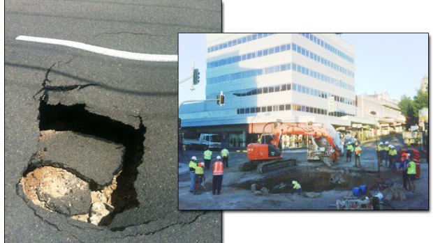 You call that a sink hole? A file photo shows the size of a sink hole that opened up in Ipswich in 2009 (right) compared to one which appeared this morning drawing the attention of police, locals and local media (left, courtesy of Channel Seven).