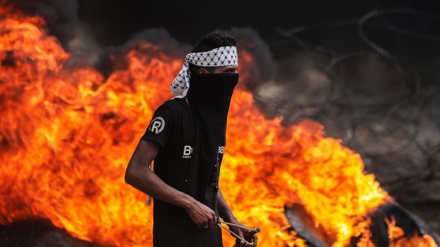  A Palestinian protester near the border with Israel in eastern Gaza City.