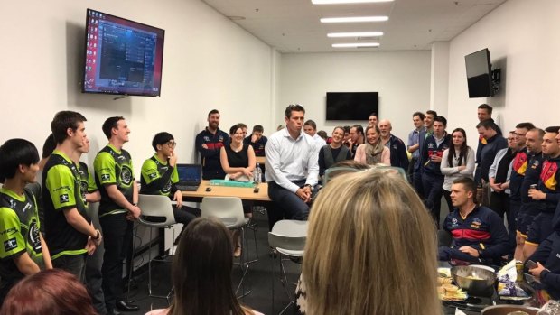 Adelaide's Football Club purchased the Legacy eSports team earlier this year. Here, Crows CEO Andrew Fagan addresses the team. 