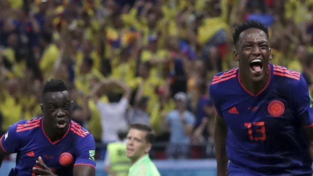 Colombia's Yerry Mina celebrates his goal.