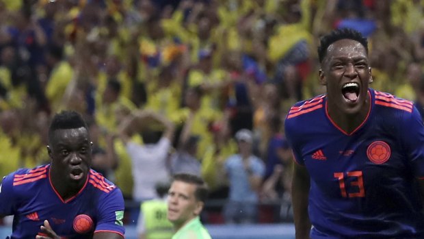 Colombia's Yerry Mina celebrates his goal.