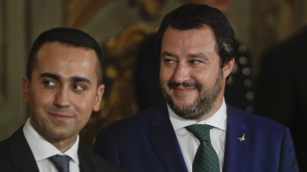 Leader of the League party, Matteo Salvini, right, stands by Luigi Di Maio, leader of the Five-Star movement, prior to their swearing-in ceremony.