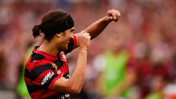 All smiles: Jerome Polenz after his goal for Western Sydney Wanderers.