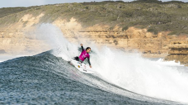 Resilient: Sally Fitzgibbons will surf in round 2 after placing third in heat 3 of round 1 during the Rip Curl Women's Pro Bells Beach at Winkipop, Victoria.