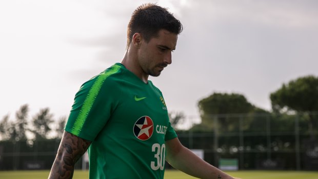Sweating it out: Jamie Maclaren after a tough Socceroos training session in Turkey.