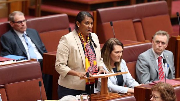 Senator Nova Peris makes a statement to the Senate in Canberra on Thursday.