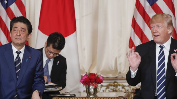 President Donald Trump and Japanese Prime Minister Shinzo Abe during their meeting at Trump\'s private Mar-a-Lago club in Palm Beach, Florida.