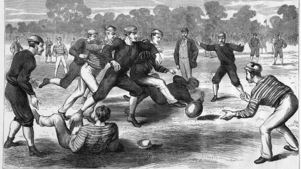 An Australian Rules game in Yarra Park, Melbourne, 1874. Artist: Oswald Rose Campbell; Date: July 13, 1874. Print: wood engraving. Courtesy of the State Library of Victoria.