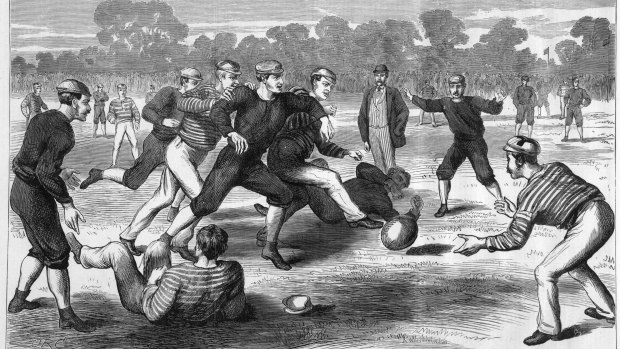 An Australian Rules game in Yarra Park, Melbourne, 1874. Artist: Oswald Rose Campbell; Date: July 13, 1874. Print: wood engraving. Courtesy of the State Library of Victoria.