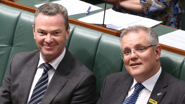 Leader of the House Christopher Pyne and Social Services Minister Scott Morrison during question time on Thursday.