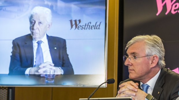 Westfield's Frank Lowy and Steven Lowy announce the proposed deal with Unibail-Rodamco. Frank Lowy spoke via video feed from London. 
