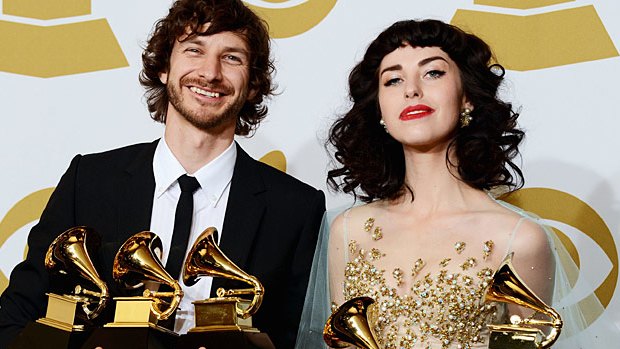 All smiles: Gotye and Kimbra with their Grammys.