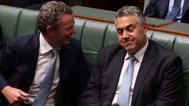 Christopher Pyne and Joe Hockey react to taunts from Opposition Leader Bill Shorten during the Budget Reply. Photo: Andrew Meares