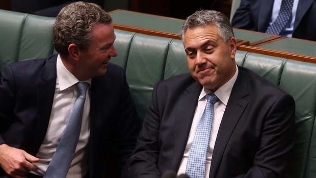 Christopher Pyne and Joe Hockey react to taunts from Opposition Leader Bill Shorten during the Budget Reply. Photo: Andrew Meares