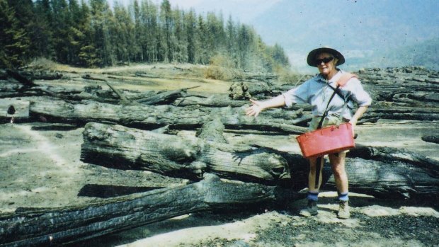 One of the original Gudgenby bushies, the late Eleanor Stodart, pictured sowing seed in a section of felled and burnt pine forest.