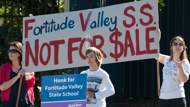 A rally outside Fortitude Valley State School in May 2013.