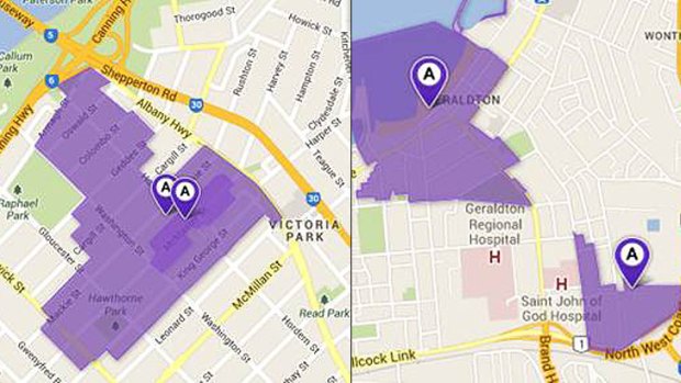 A map of the areas in Victoria Park (left) and Geraldton (right) that are connected to the NBN.