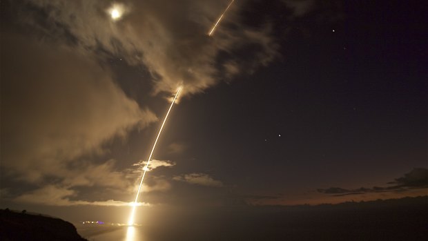 A medium-range ballistic missile launched during a test from the Pacific Missile Range Facility on Kauai, Hawaii, in 2017.