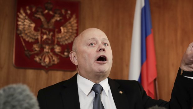Russia's ambassador to Australia, Grigory Logvinov, at a press conference in Canberra last week.