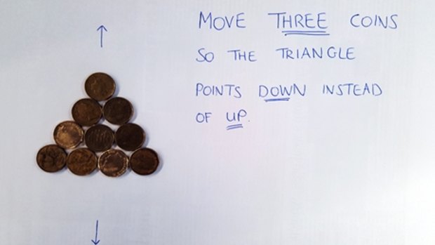 Move three coins so the triangle points DOWN instead of UP.
