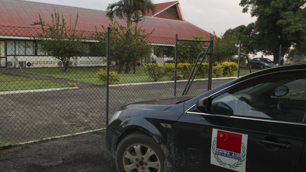 A China aid vehicle outside the Vanuatu Parliament.