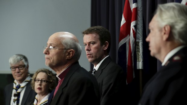 Social Services Minister Dan Tehan during a joint press conference on the child sexual abuse national redress scheme with representatives from Scouts Australia, YMCA Australia, the Salvation Army and the Anglican Church.