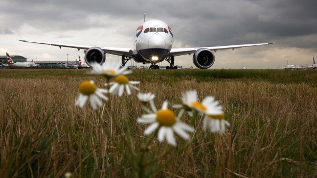 A passenger aircraft operated by British Airways waits to take off from London Heathrow airport.
