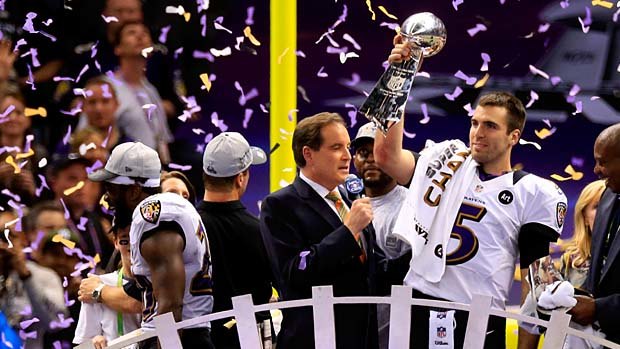 MVP ... Joe Flacco holds up the Vince Lombardi trophy after inspiring his team to victory.