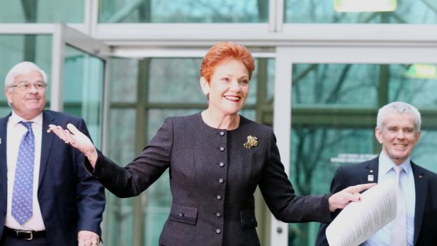 One Nation leader Pauline Hanson in 2017 with senators Brian Burston and Malcolm Roberts.