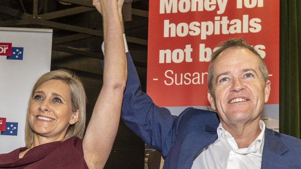 The Labor candidate for Longman, Susan Lamb, and Bill Shorten at a Labor rally at the Narangba Community Centre, Brisbane, on Sunday. The by-election will be held on July 28. 