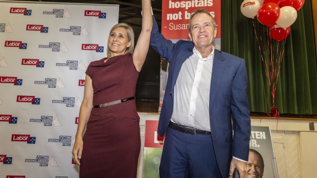 The Labor candidate for Longman, Susan Lamb, and Bill Shorten at a Labor rally at the Narangba Community Centre, Brisbane, on Sunday. The by-election will be held on July 28. 