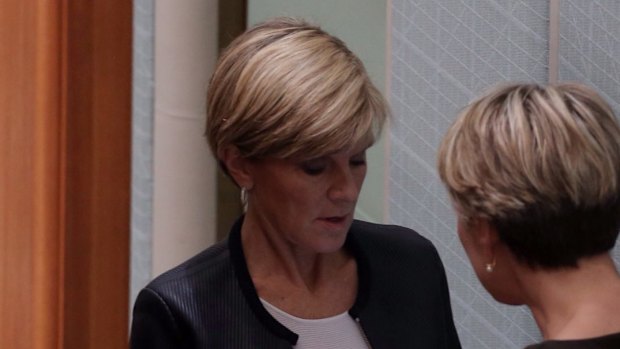 Foreign Affairs Minister Julie Bishop and shadow minister Tanya Plibersek speak behind the Speaker's chair during Question Time on Thursday.