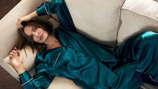 Lara wears “Portofino” long pyjama set by Jasmine and Will.