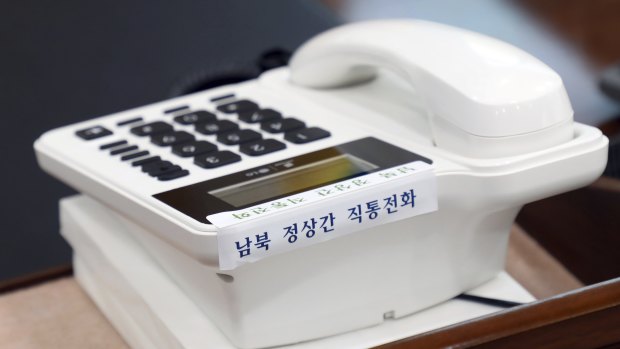 A telephone hotline between South Korea and North Korea at the presidential Blue House in Seoul, South Korea.