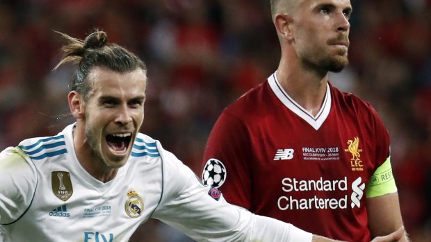 Real Madrid's Gareth Bale celebrates after scoring his side's third goal during the Champions League Final soccer match between Real Madrid and Liverpool