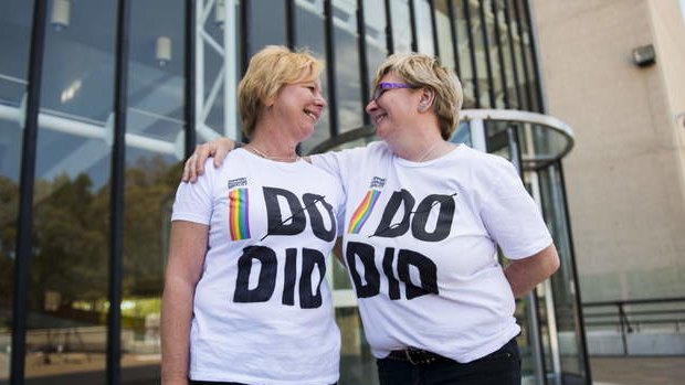 Veronica and Krishna Wensing outside the High Court, after the ACT's same sex marriage laws were overturned.
