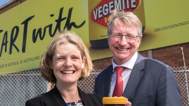 Mondelez's Australian vice president Amanda Banfield and Bega Cheese executive chairman Barry Irvin. 