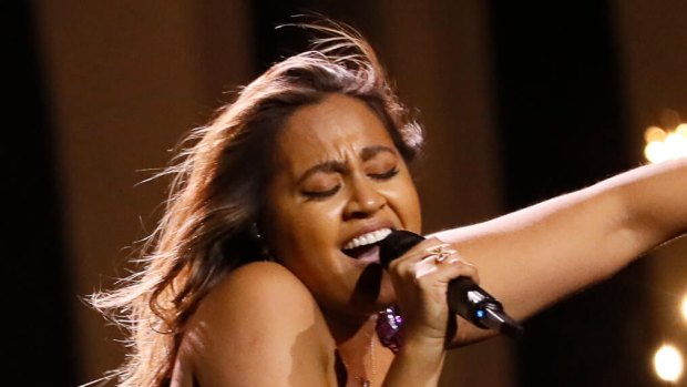 Jessica Mauboy on the stage at the 63rd annual Eurovision Song Contest in Lisbon, Portugal.