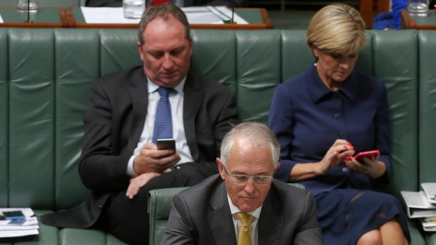 Deputy Prime Minister Barnaby Joyce, Prime Minister Malcolm Turnbull and Foreign Affairs Minister Julie Bishop during question time on Monday.