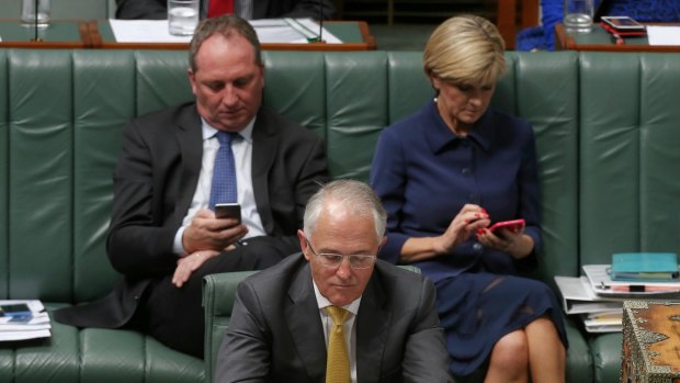 Deputy Prime Minister Barnaby Joyce, Prime Minister Malcolm Turnbull and Foreign Affairs Minister Julie Bishop during question time on Monday.