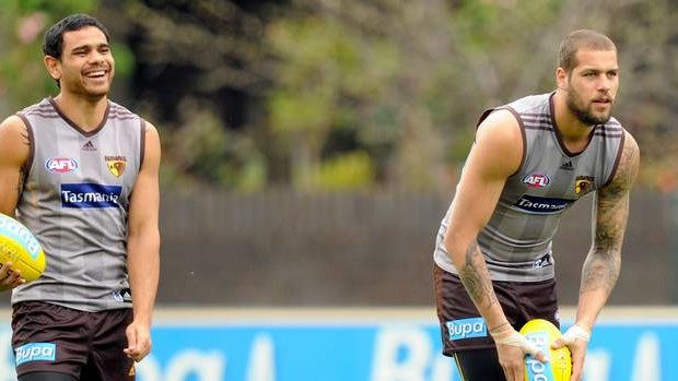Hawthorn's Cyril Rioli and Lance Franklin during training.
