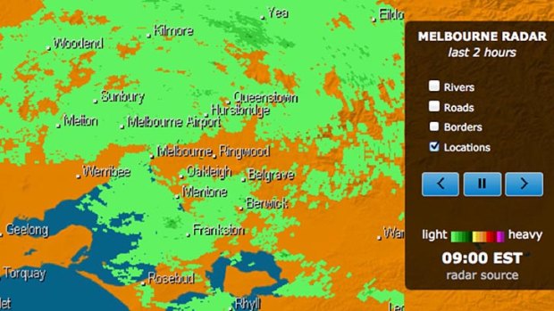 Radar showing rain across Melbourne at 9am.
