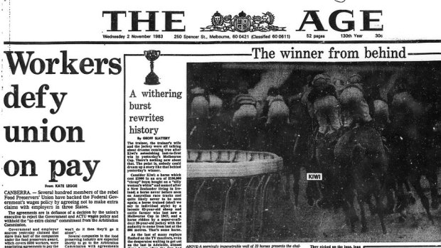 Page one of The Age on this day in 1983. Kiwi wins the Melbourne Cup