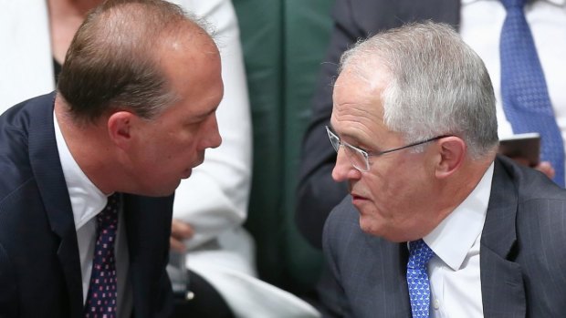Immigration Minister Peter Dutton and Prime Minister Malcolm Turnbull during question time on Wednesday.