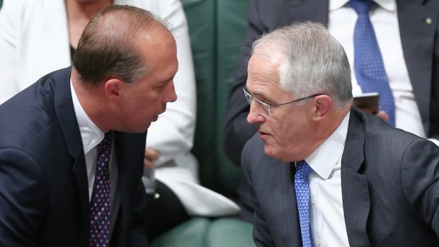 Immigration Minister Peter Dutton and Prime Minister Malcolm Turnbull during question time on Wednesday.