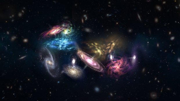 An artist impression of the 14 galaxies detected by ALMA as they appear in the very early, very distant universe. These galaxies are in the process of merging and will eventually form the core of a massive galaxy cluster.