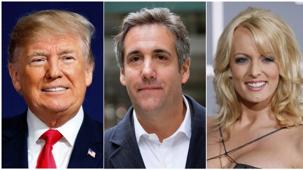 Left, President Donald Trump, attorney Michael Cohen and adult film actress Stormy Daniels. 